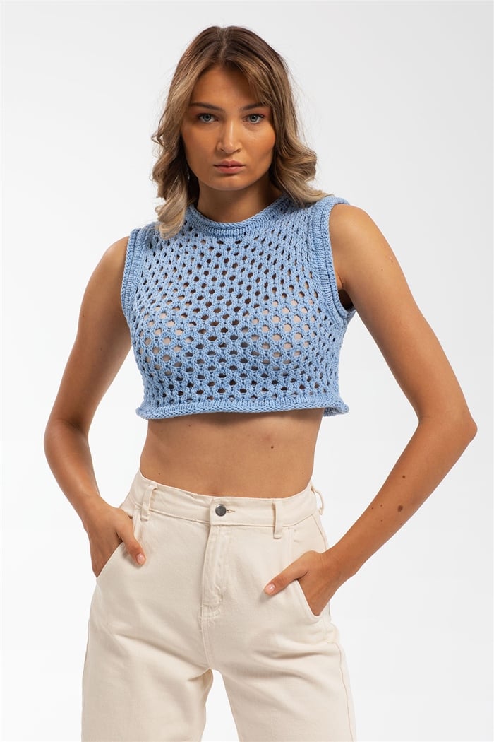 Nisan Ajurlu Crop Triko Süveter  MAVİ  TT3131-Z