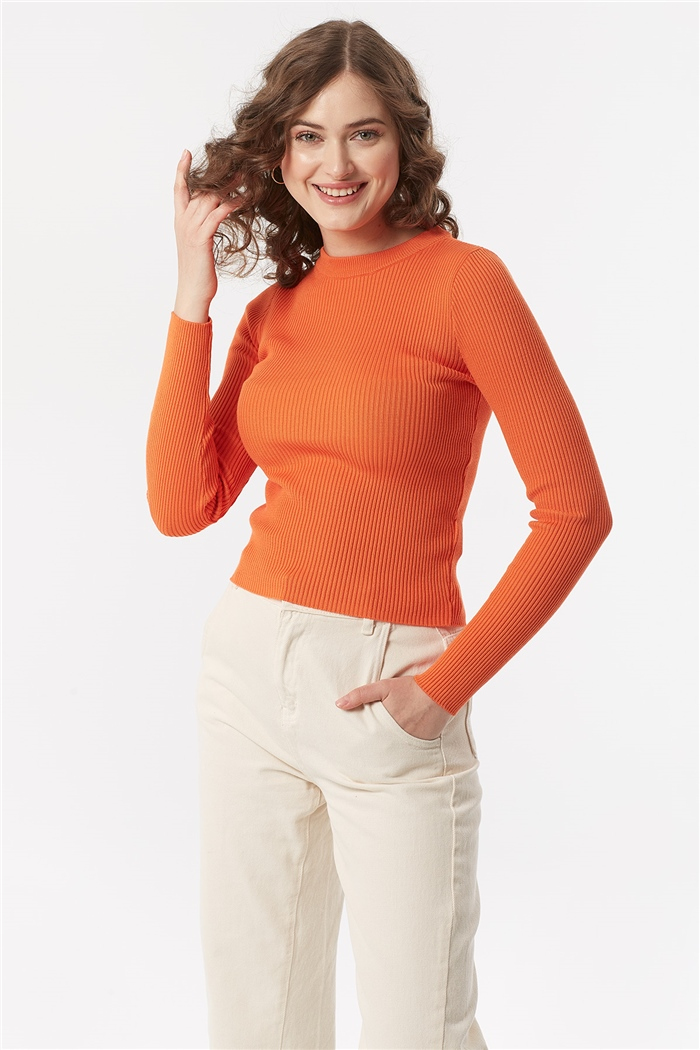 Nisan BİSİKLET YAKA FİTİLLİ TRİKO KAZAK  ORANJ  TT3412-Z