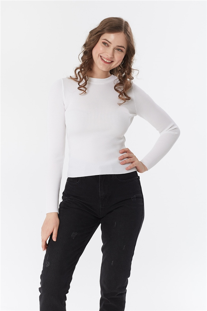 Nisan BİSİKLET YAKA FİTİLLİ TRİKO KAZAK  BEYAZ  TT3412-Z