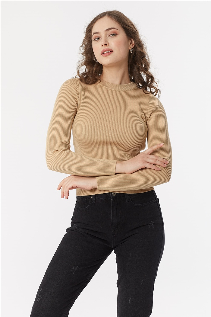 Nisan BİSİKLET YAKA FİTİLLİ TRİKO KAZAK  CAMEL  TT3412-Z