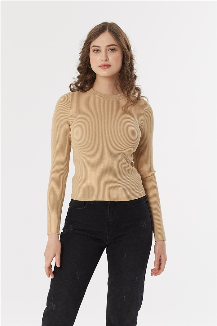 Nisan BİSİKLET YAKA FİTİLLİ TRİKO KAZAK  CAMEL  TT3412-Z