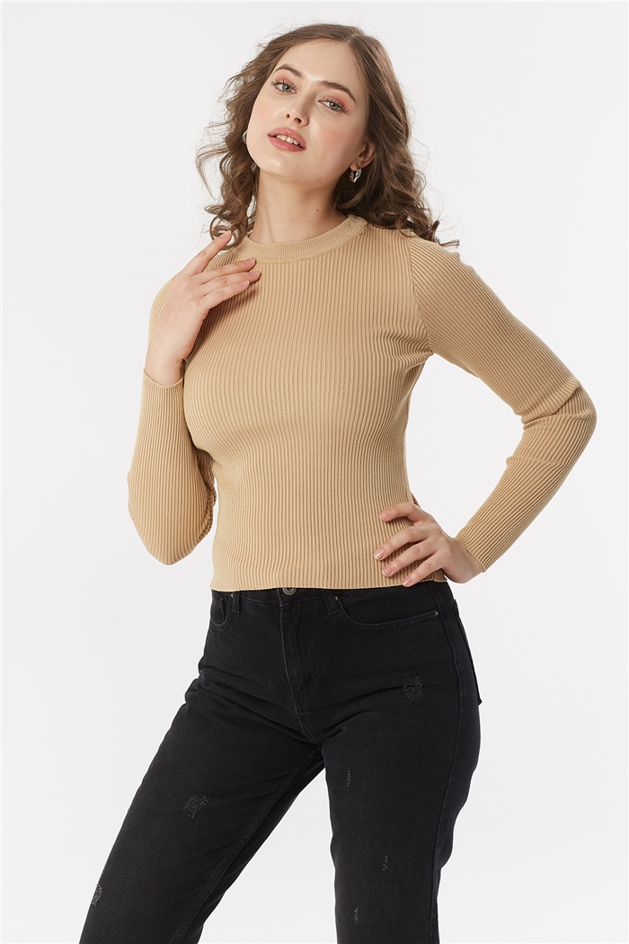 Nisan BİSİKLET YAKA FİTİLLİ TRİKO KAZAK  CAMEL  TT3412-Z