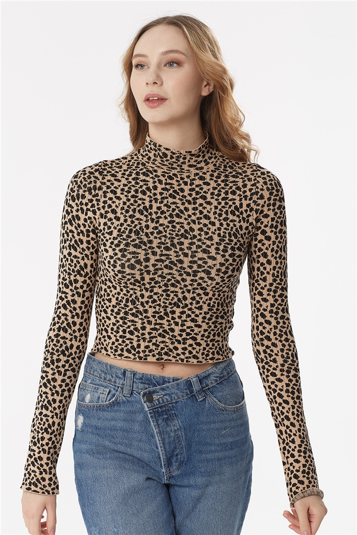 Nisan Çıtır Leopar Desenli Triko Kazak  CAMEL-SİYAH  TT3395-Z