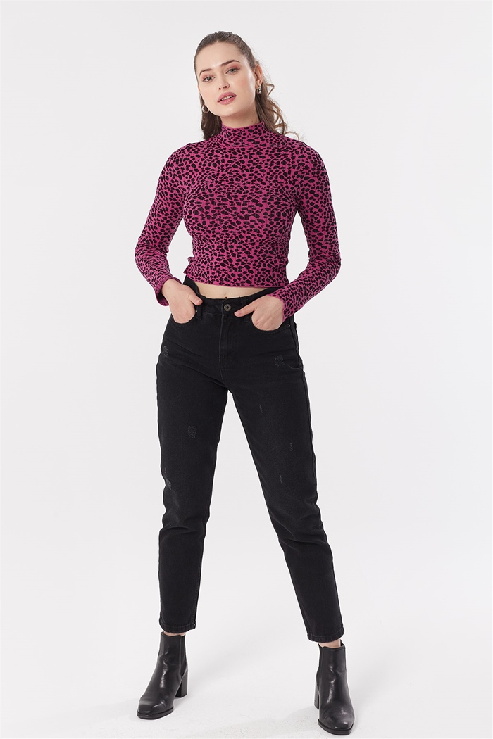 Nisan Çıtır Leopar Desenli Triko Kazak  FUŞYA-SİYAH  TT3395-Z
