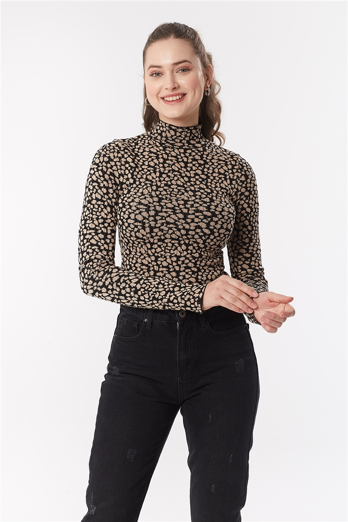 Nisan Çıtır Leopar Desenli Triko Kazak  SİYAH-CAMEL  TT3395-Z