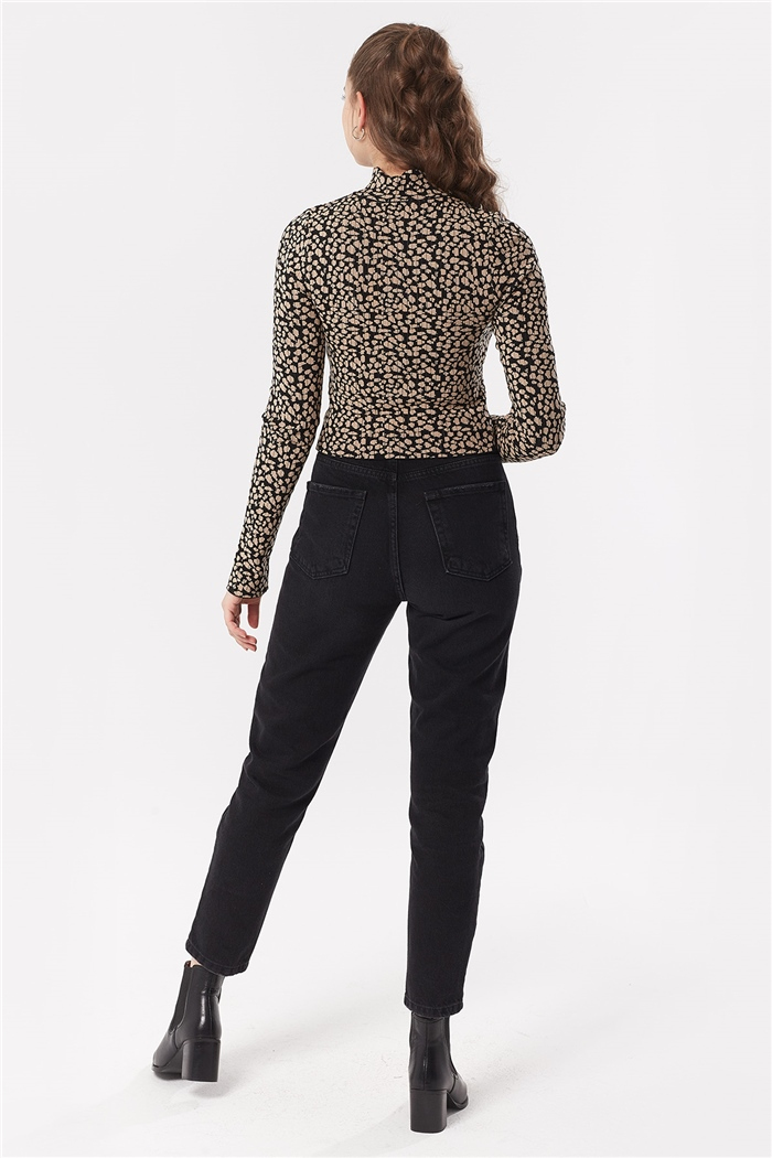 Nisan Çıtır Leopar Desenli Triko Kazak  SİYAH-CAMEL  TT3395-Z