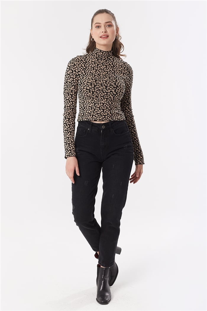 Nisan Çıtır Leopar Desenli Triko Kazak  SİYAH-CAMEL  TT3395-Z