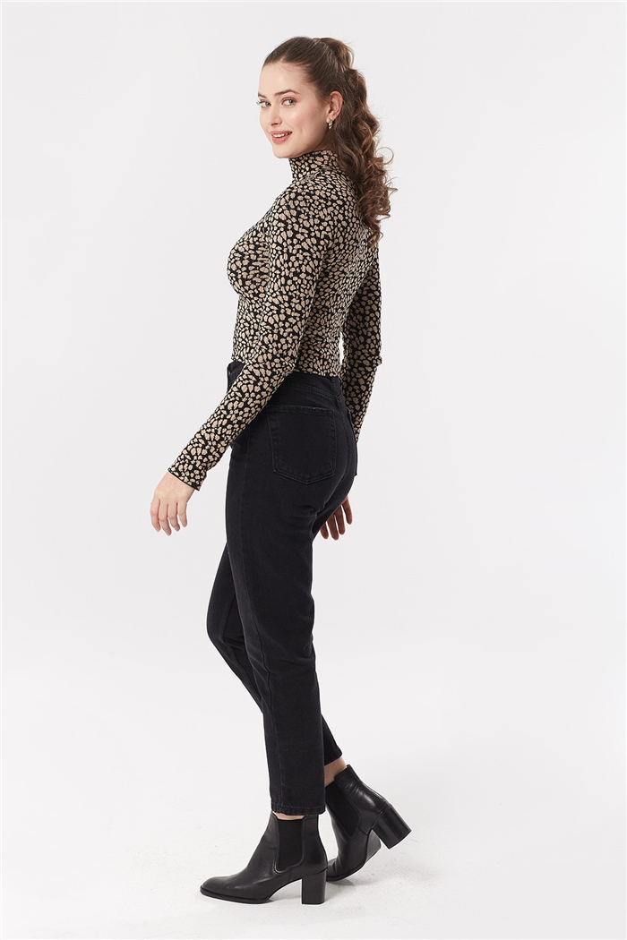 Nisan Çıtır Leopar Desenli Triko Kazak  SİYAH-CAMEL  TT3395-Z