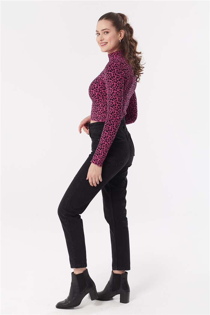 Nisan Çıtır Leopar Desenli Triko Kazak  FUŞYA-SİYAH  TT3395-Z