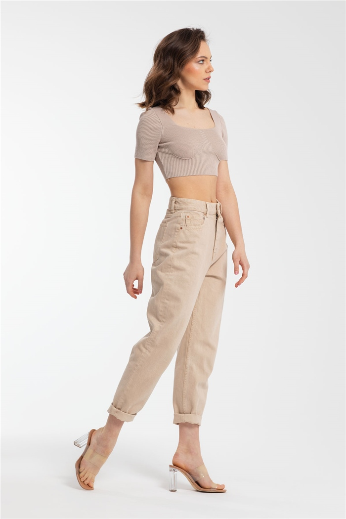 Nisan Crop Kısa Kol Triko Bluz  BEJ  TT3127-Z