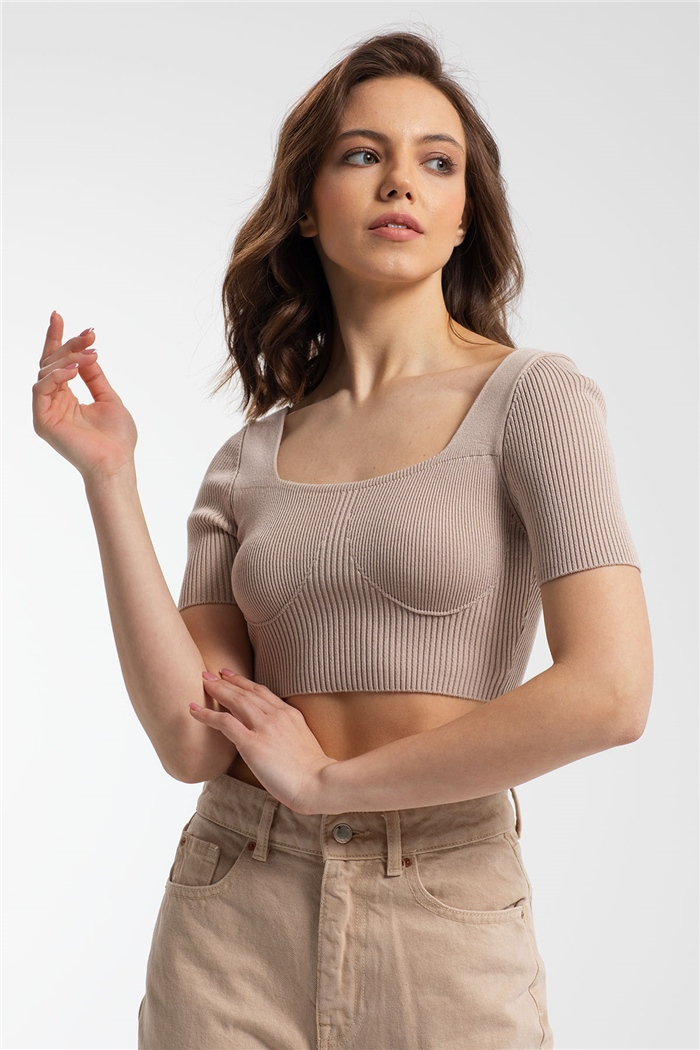Nisan Crop Kısa Kol Triko Bluz  BEJ  TT3127-Z