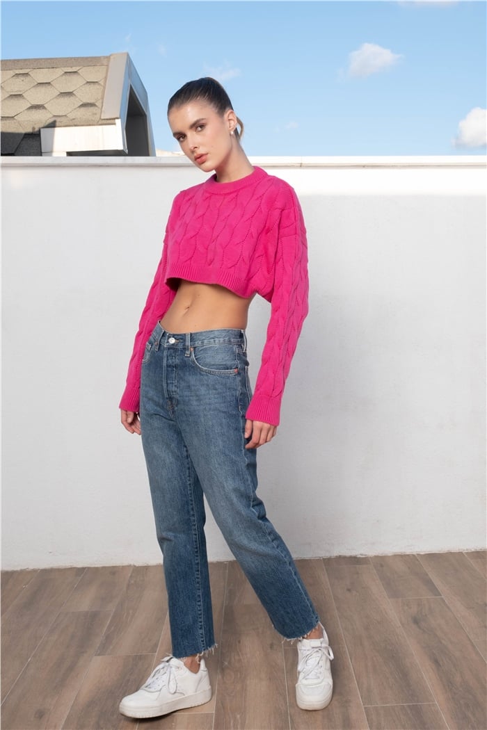 Nisan Crop Triko Kazak  FUŞYA  TT3756-Z