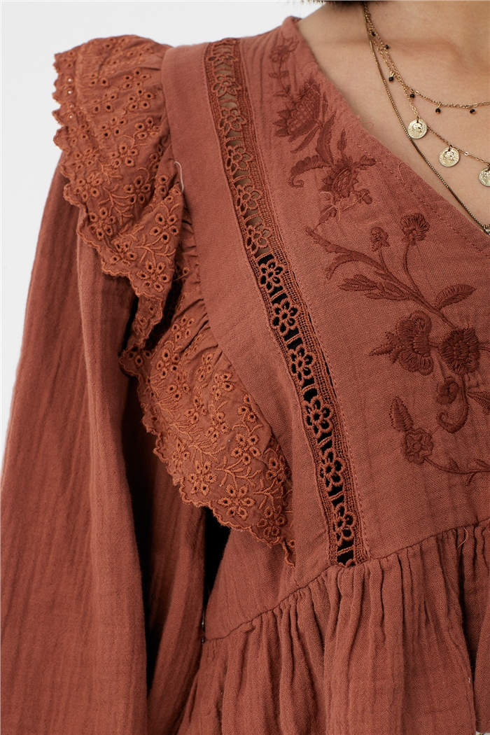 Nisan DANTEL DETAYLI BLUZ  KAHVE  N22-1346
