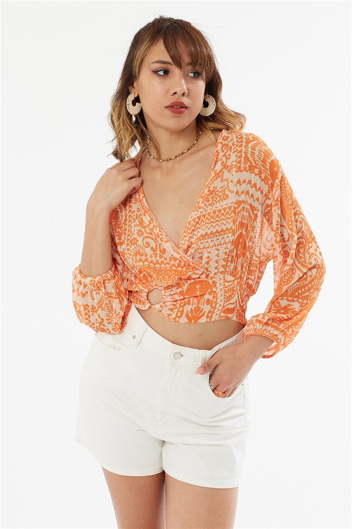 Nisan DESENLİ ŞİFON BLUZ  ORANJ  N22-1439