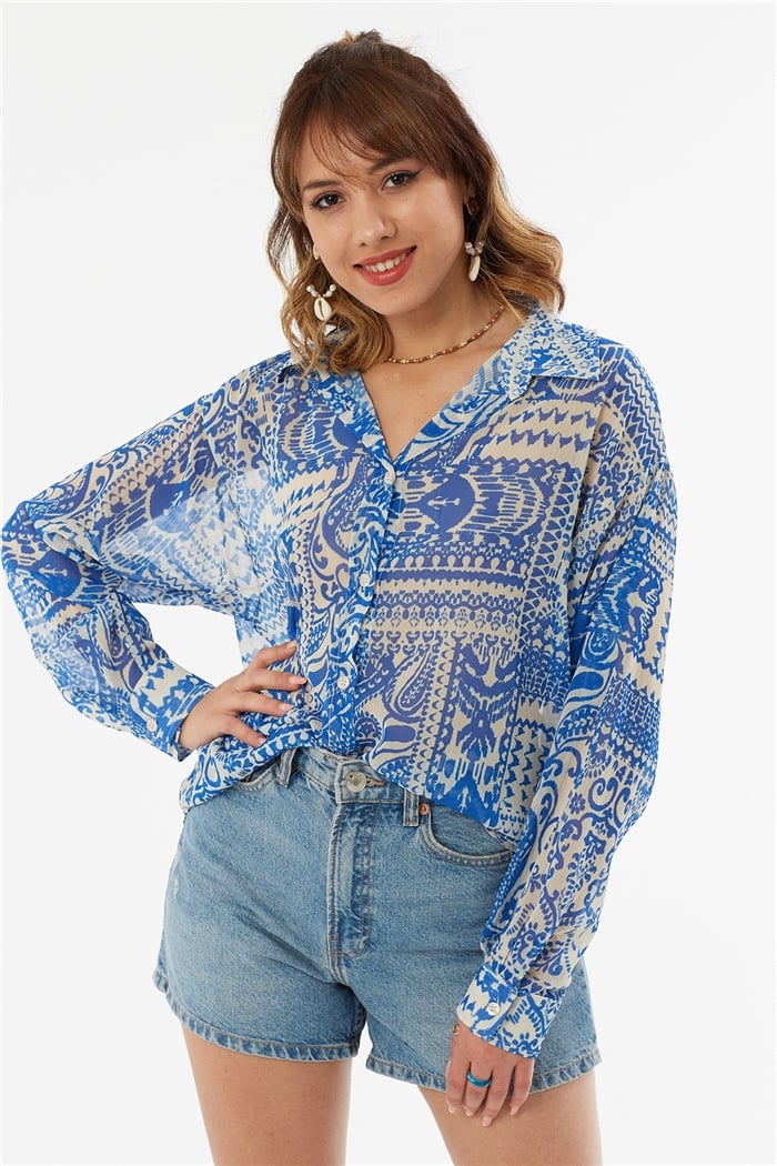 Nisan DESENLİ ŞİFON GÖMLEK  SAKS  N22-1438