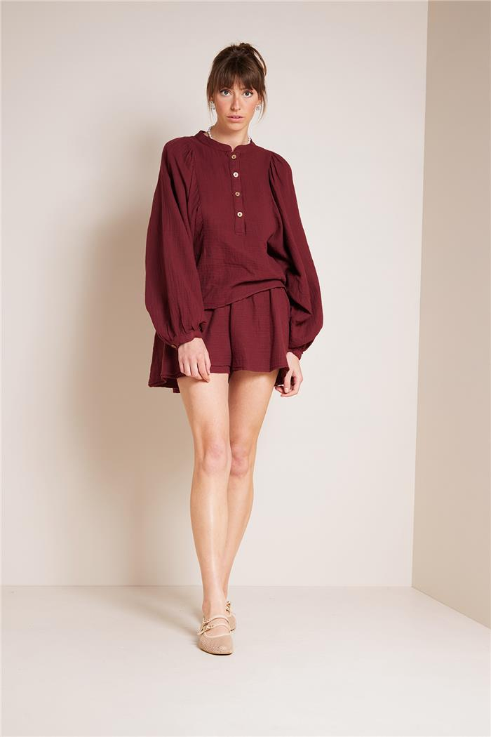 Nisan  DÜĞME DETAYLI GENİŞ KOLLU BLUZ BORDO NB25-1001