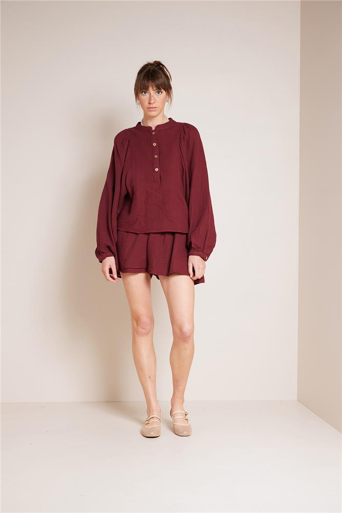 Nisan  DÜĞME DETAYLI GENİŞ KOLLU BLUZ BORDO NB25-1001