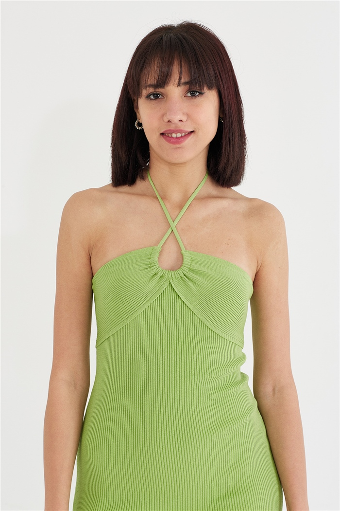 Nisan Göğüs Dekolteli Fitilli Elbise  ELMA YEŞİLİ  TT3505-Z