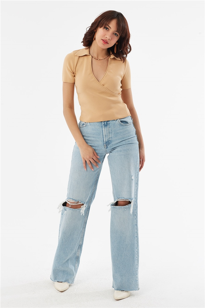 Nisan Gömlek Yaka Kruvaze Triko Bluz  CAMEL  TT3041-Z