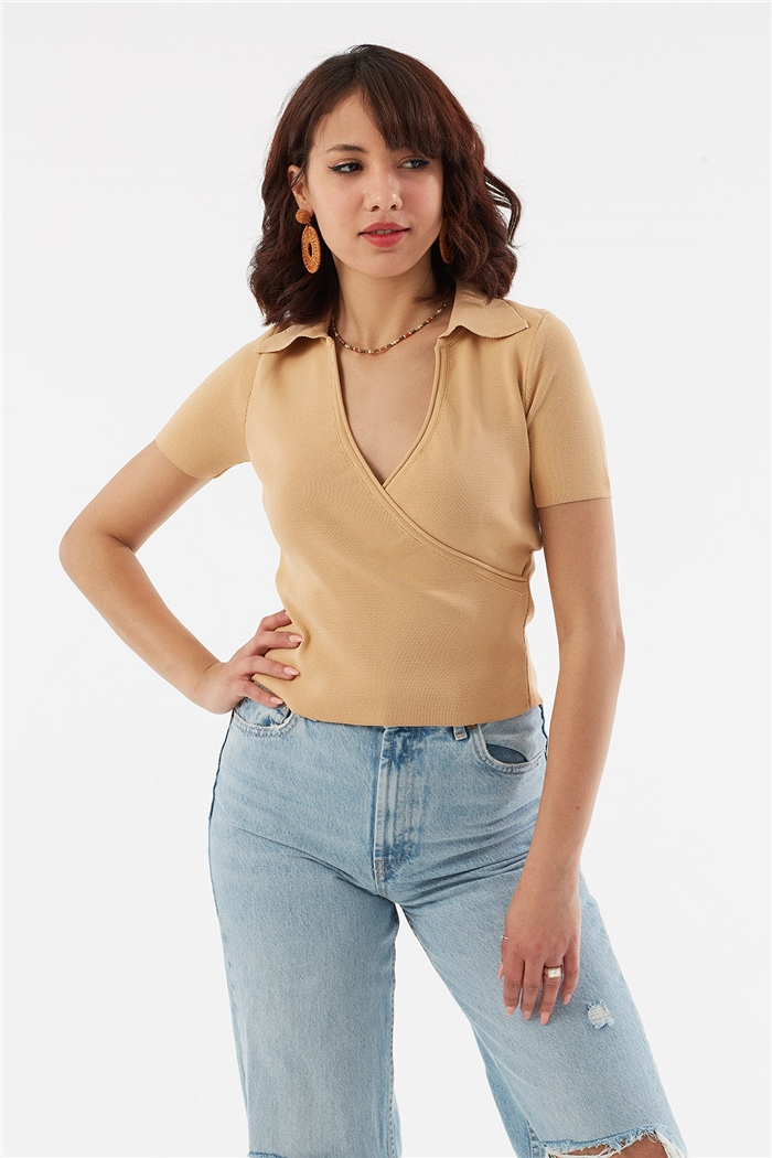 Nisan Gömlek Yaka Kruvaze Triko Bluz  CAMEL  TT3041-Z