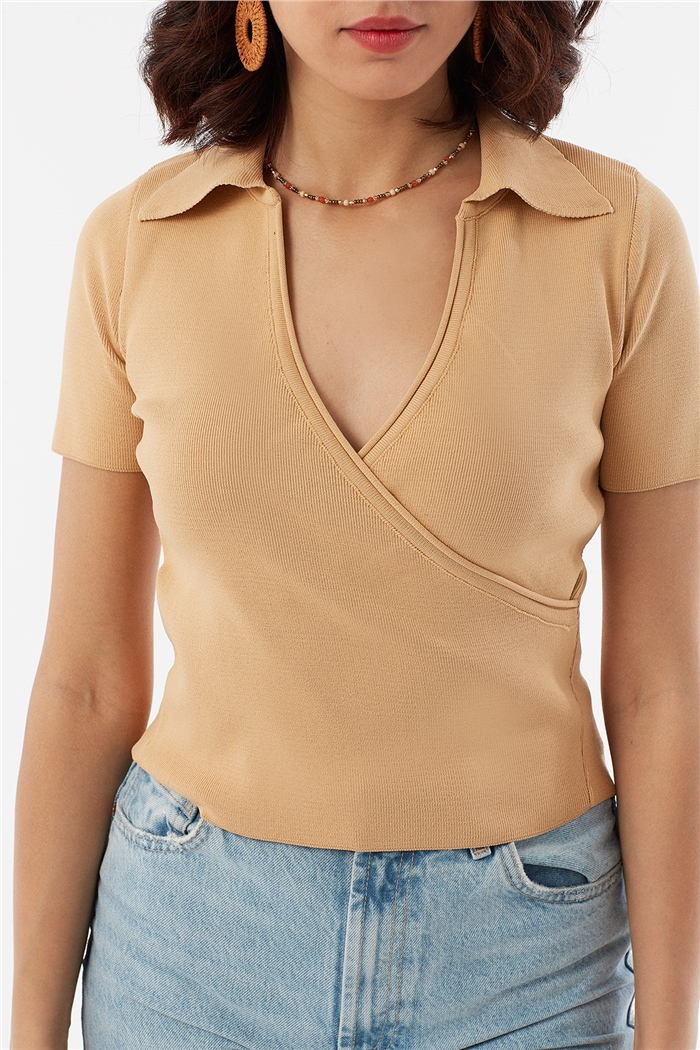 Nisan Gömlek Yaka Kruvaze Triko Bluz  CAMEL  TT3041-Z