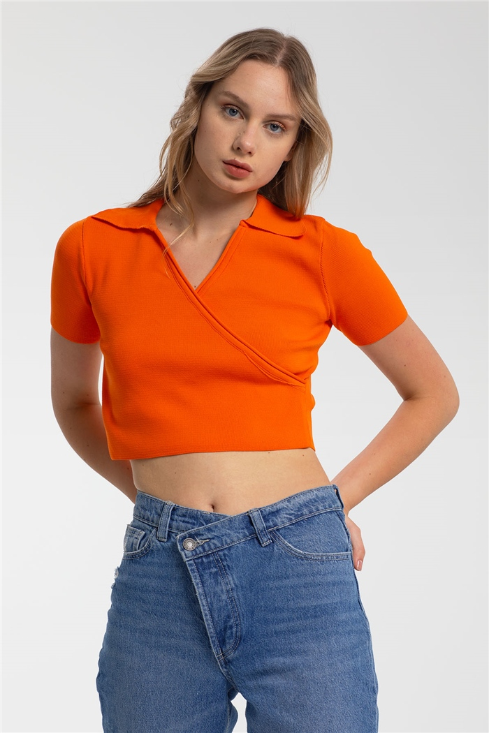 Nisan Gömlek Yaka Kruvaze Triko Bluz  ORANJ  TT3041-Z