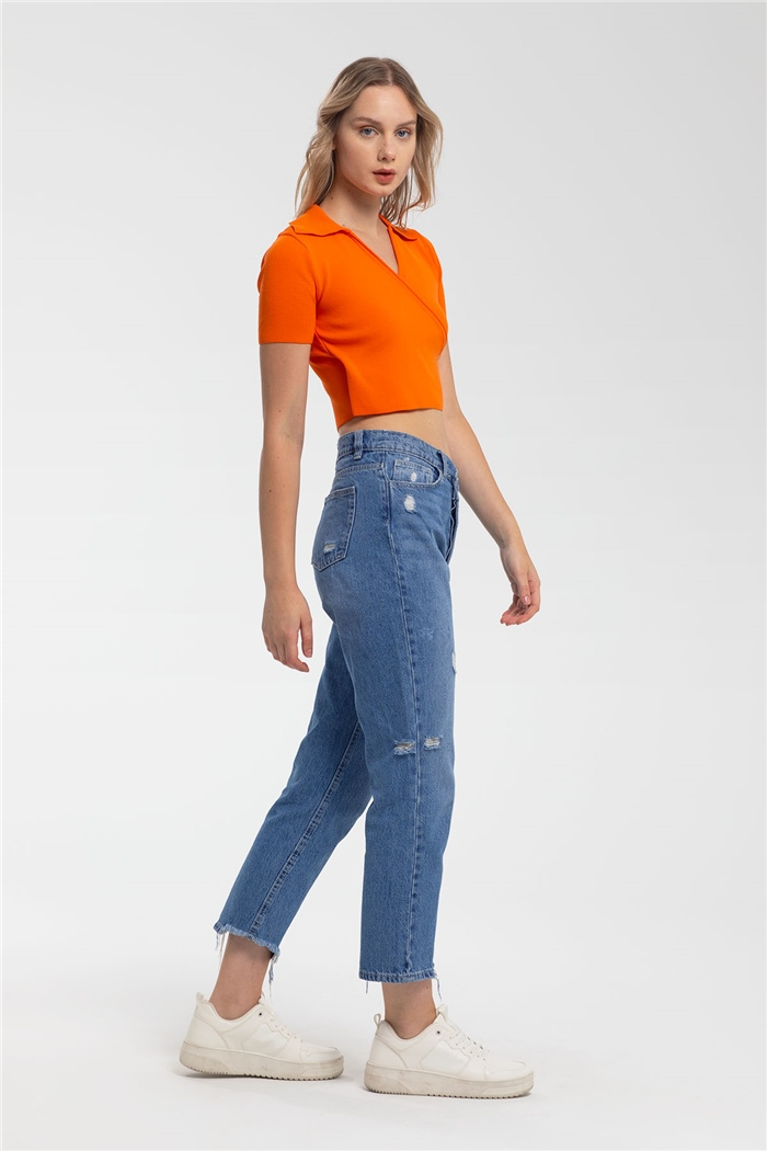 Nisan Gömlek Yaka Kruvaze Triko Bluz  ORANJ  TT3041-Z