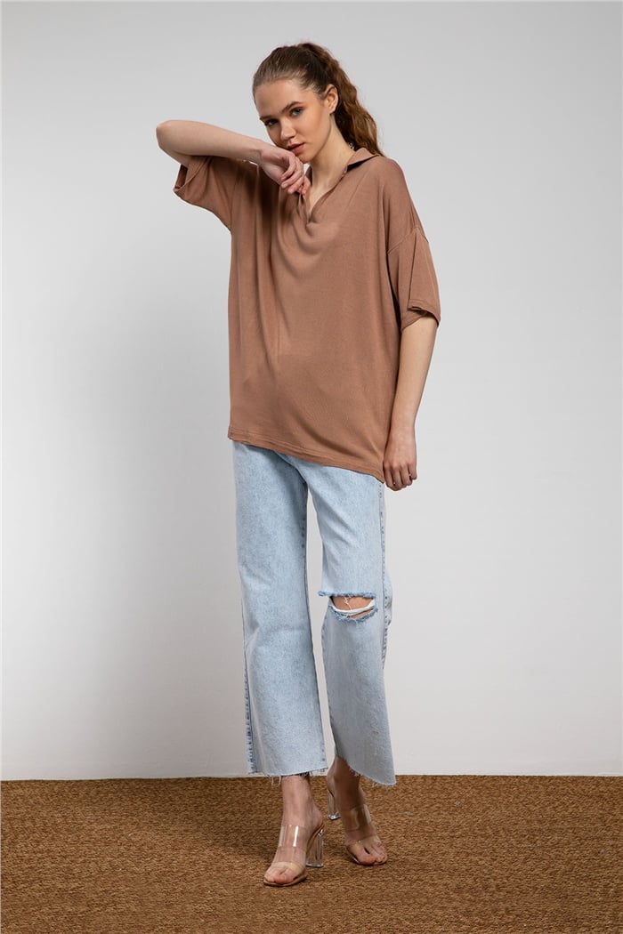 Nisan Gömlek Yaka Triko Salaş Kazak  CAMEL  TT3026-Z