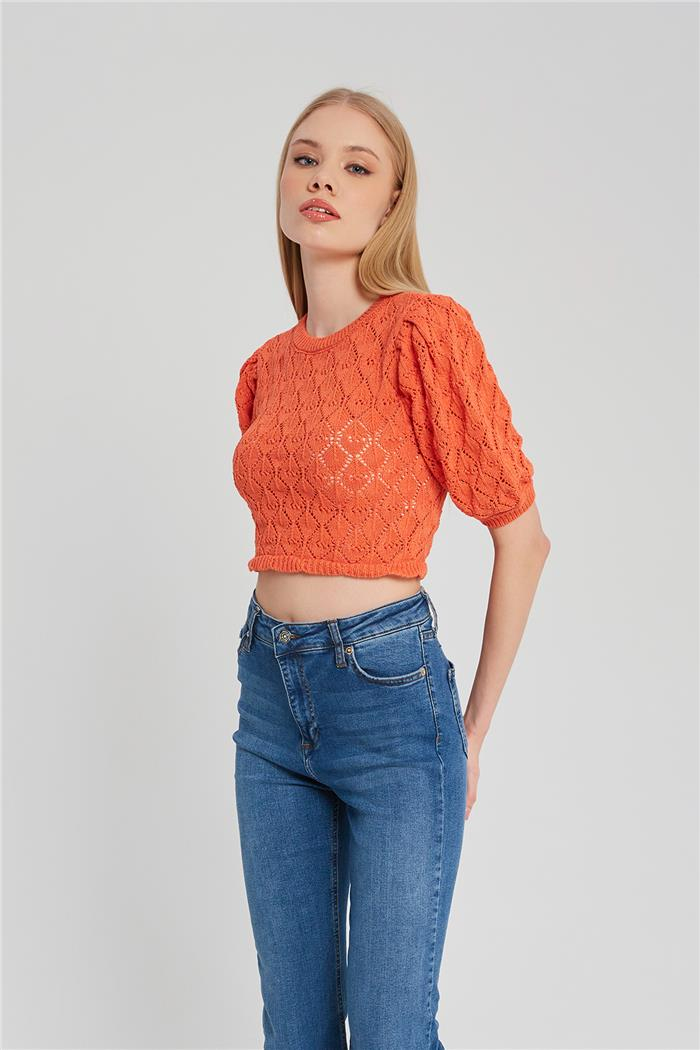 Nisan Kadın Arkası Bağlama Detaylı Triko Top ORANJ TT3861-Z