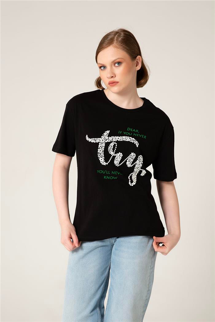 Nisan Kadın Baskılı Kısa Kollu T-Shirt SİYAH MN23-1005