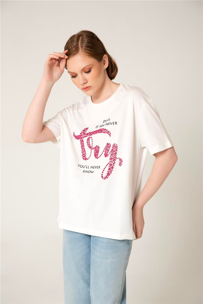 Nisan Kadın Baskılı Kısa Kollu T-Shirt EKRU MN23-1005