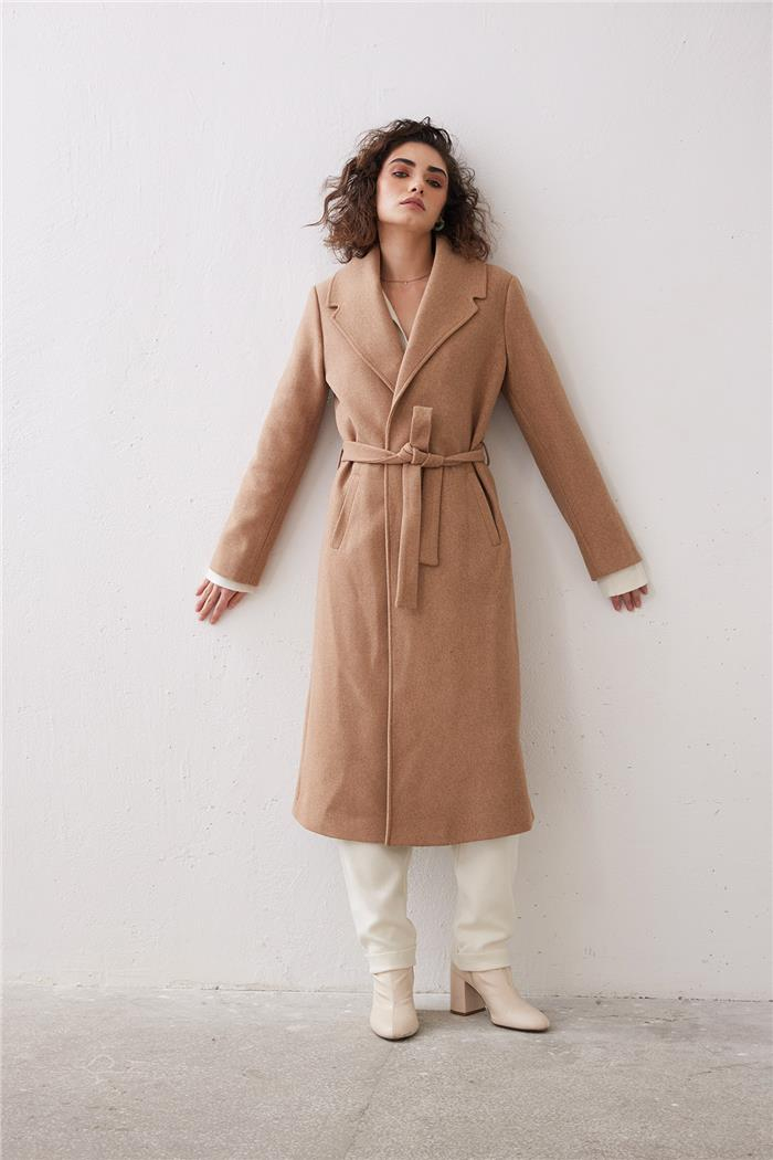 Nisan Kadın Beli Kuşaklı Uzun Kaban CAMEL PD24-1054