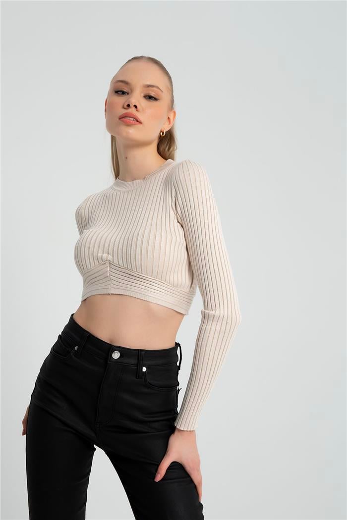 Nisan Kadın BİSİKLET YAKA CROP KAZAK BEJ TT3853-Z