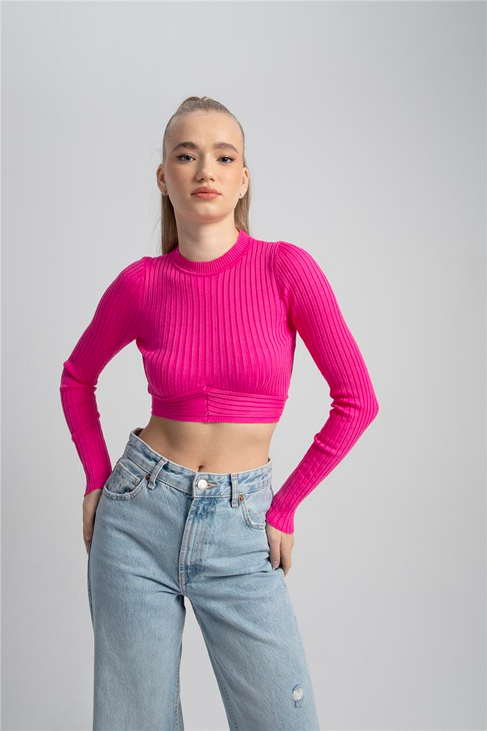 Nisan Kadın BİSİKLET YAKA CROP KAZAK FUŞYA TT3853-Z