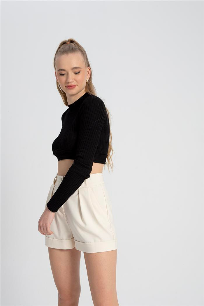 Nisan Kadın BİSİKLET YAKA CROP KAZAK SİYAH TT3853-Z