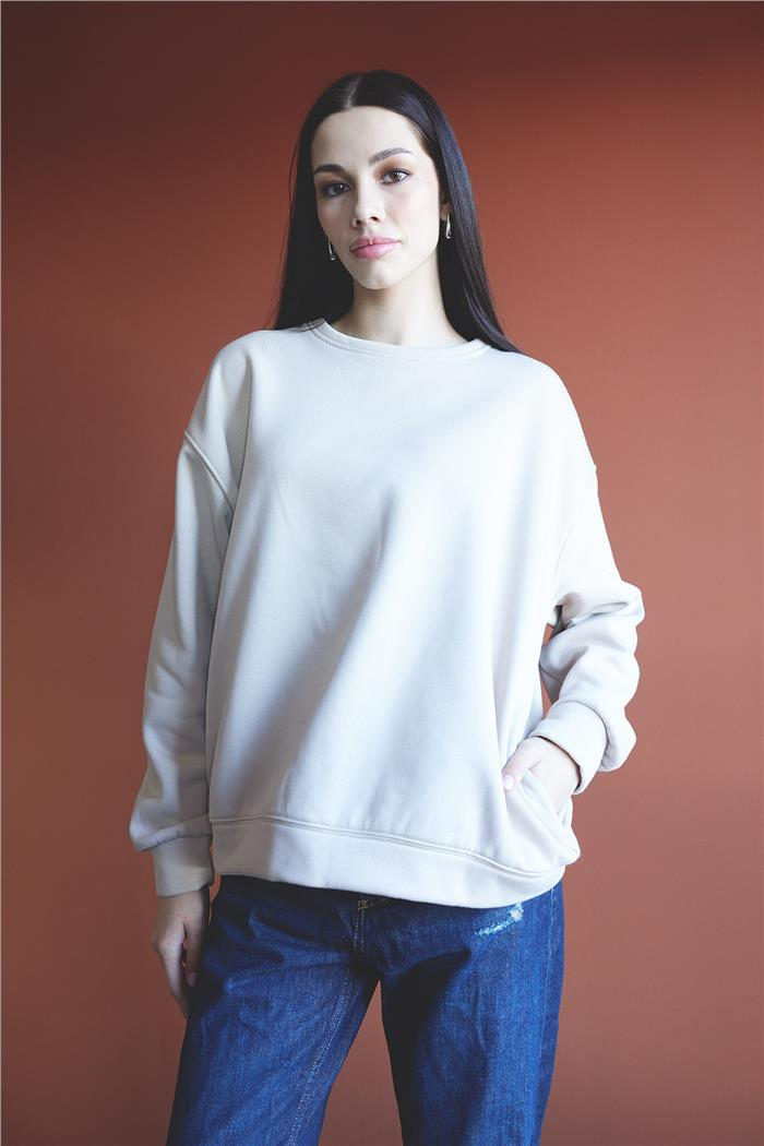Nisan Kadın Bisiklet Yaka Oversize Sweatshirt BEJ N24-1782