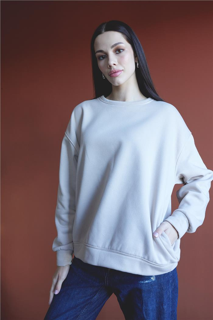 Nisan Kadın Bisiklet Yaka Oversize Sweatshirt BEJ N24-1782