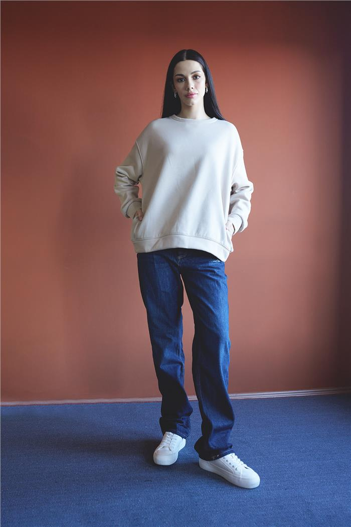Nisan Kadın Bisiklet Yaka Oversize Sweatshirt BEJ N24-1782