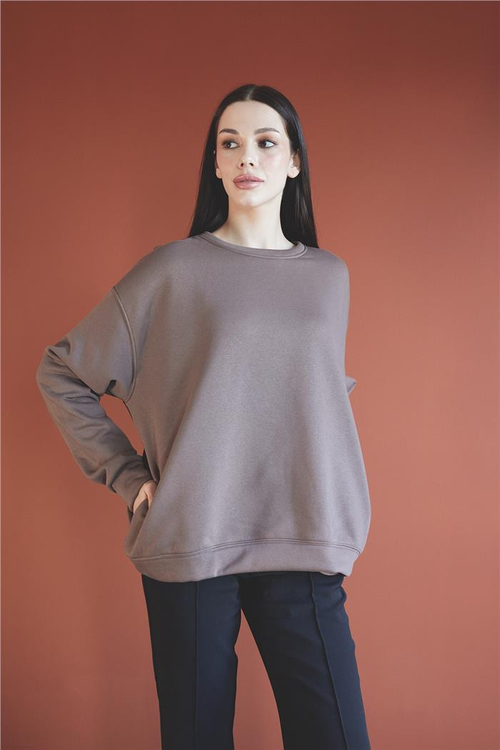 Nisan Kadın Bisiklet Yaka Oversize Sweatshirt KAHVE N24-1782