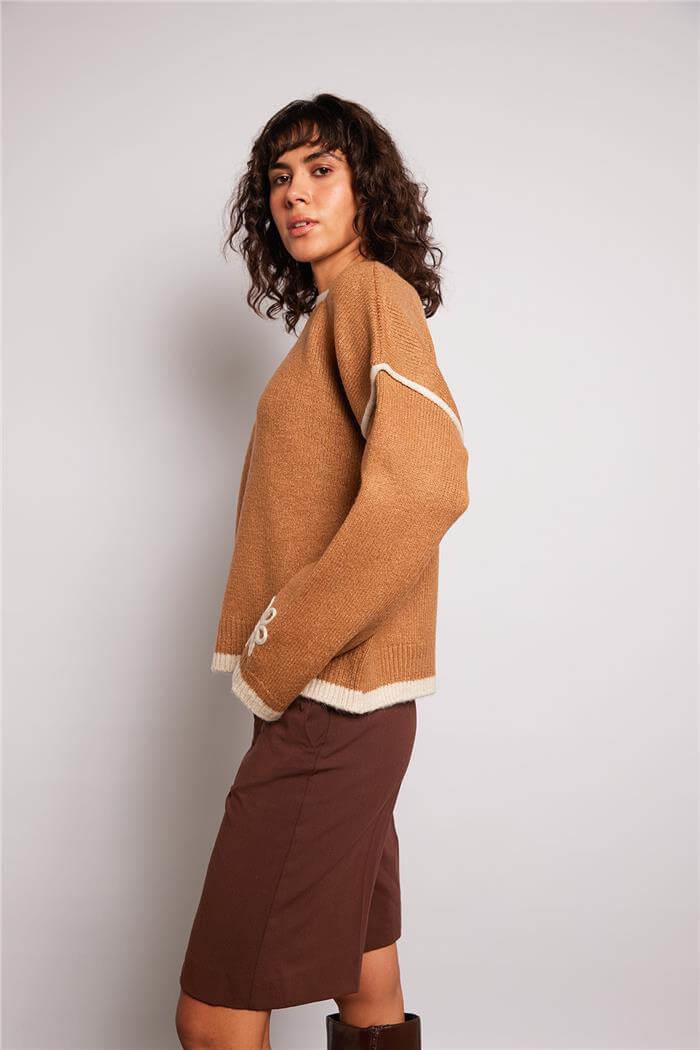 Nisan Kadın Çiçek Detaylı Triko Kazak CAMEL-TAŞ TT4378-Z