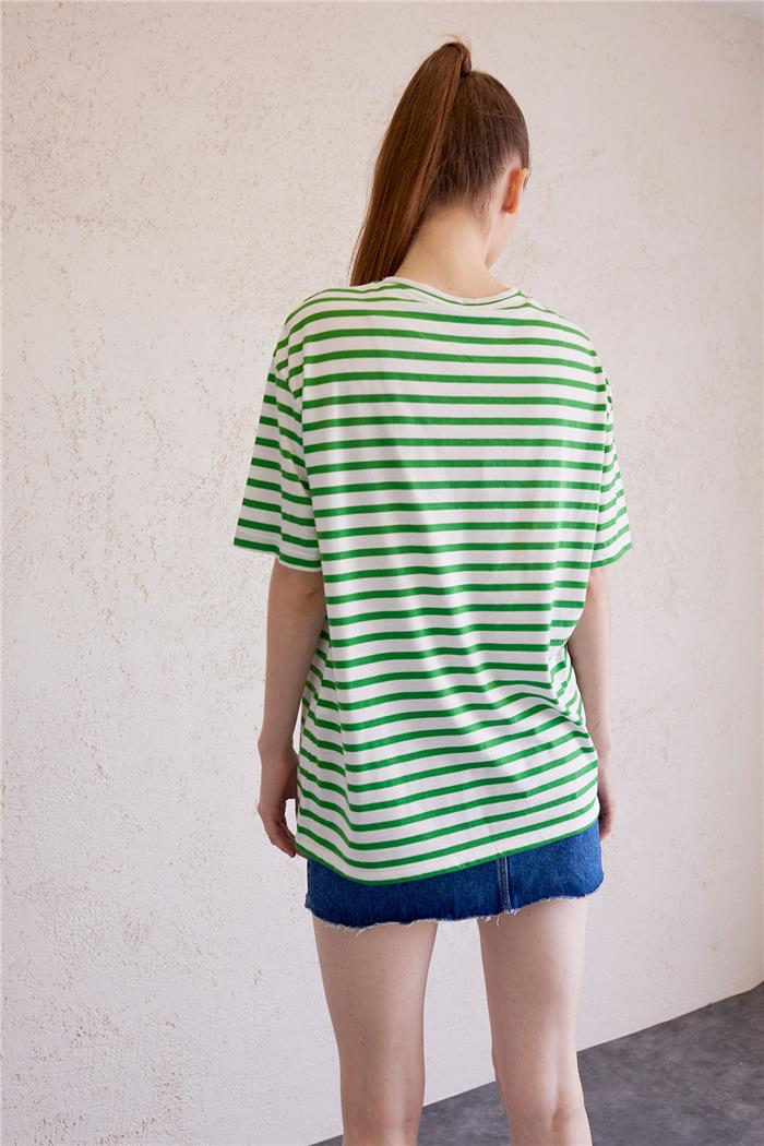 Nisan Kadın Çizgili Bisiklet Yaka T-Shirt BENETTON N23-1666
