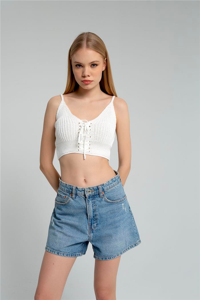 Nisan Kadın Crop Triko Büstiyer HAM EKRU TT3146-Z