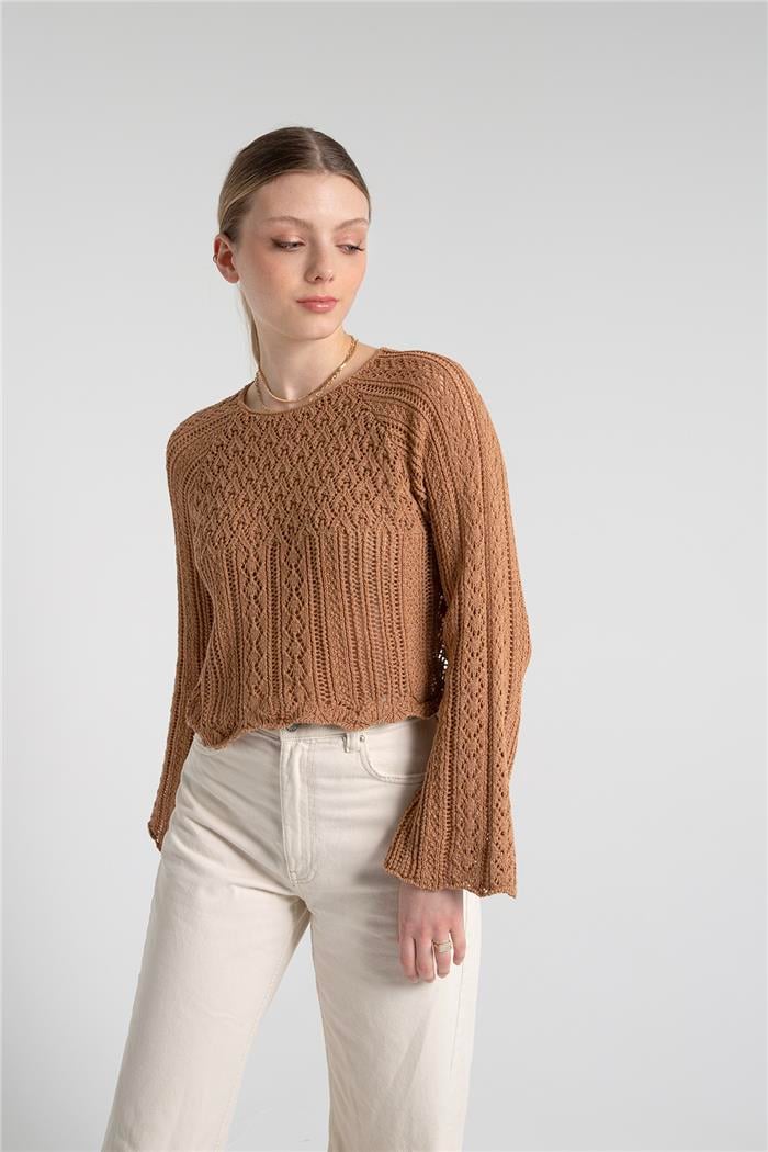 Nisan Kadın DELİKLİ REĞLAN KOL KAZAK CAMEL TT3829-Z