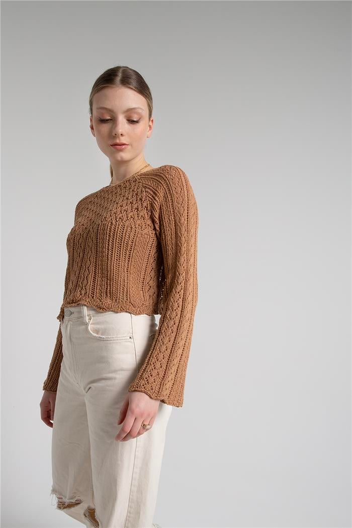 Nisan Kadın DELİKLİ REĞLAN KOL KAZAK CAMEL TT3829-Z