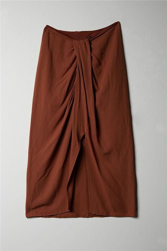 Nisan Kadın Drape Detaylı Keten Etek KAHVE N23-1633