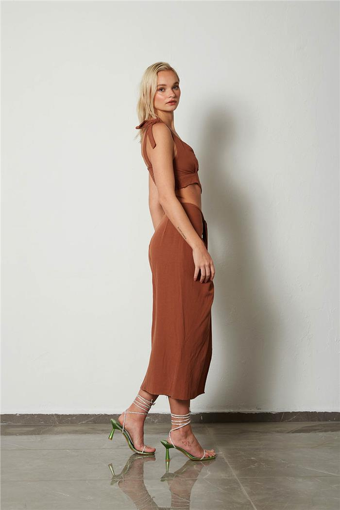 Nisan Kadın Drape Detaylı Keten Etek KAHVE N23-1633