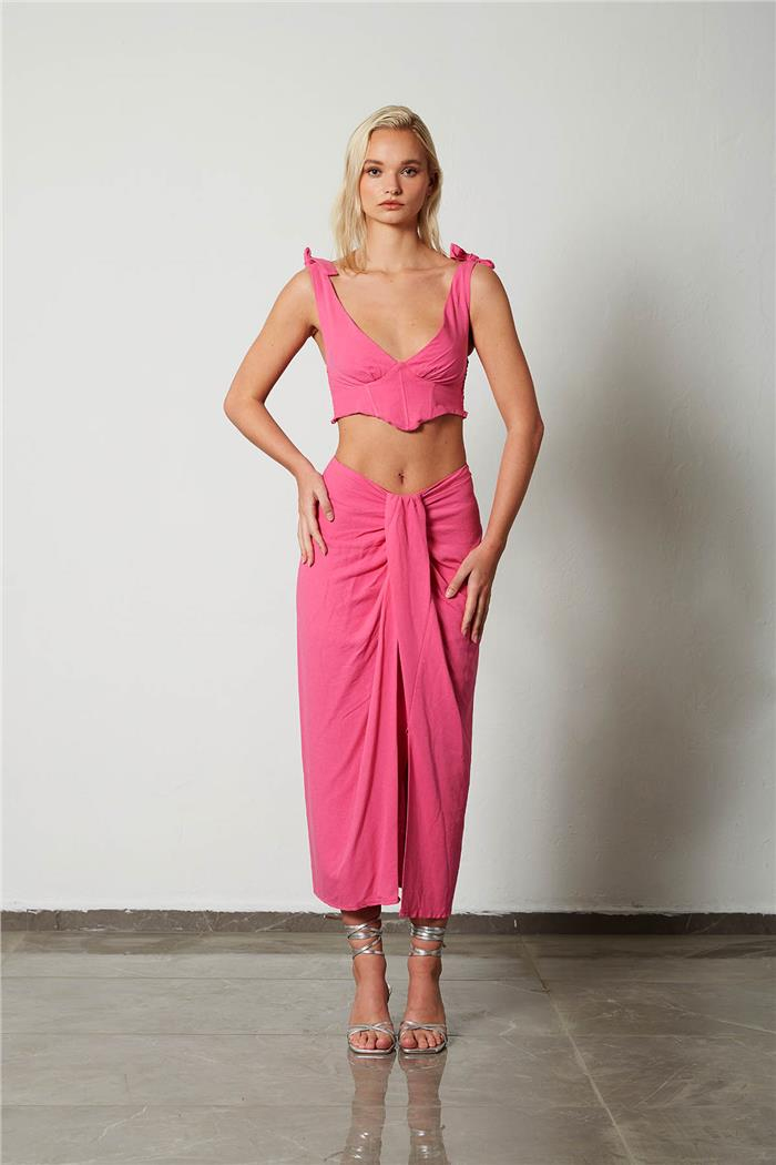 Nisan Kadın Drape Detaylı Keten Etek PEMBE N23-1633