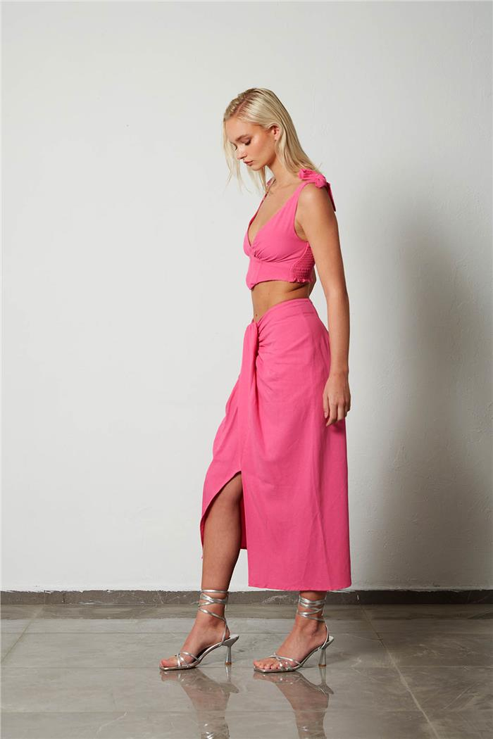 Nisan Kadın Drape Detaylı Keten Etek PEMBE N23-1633