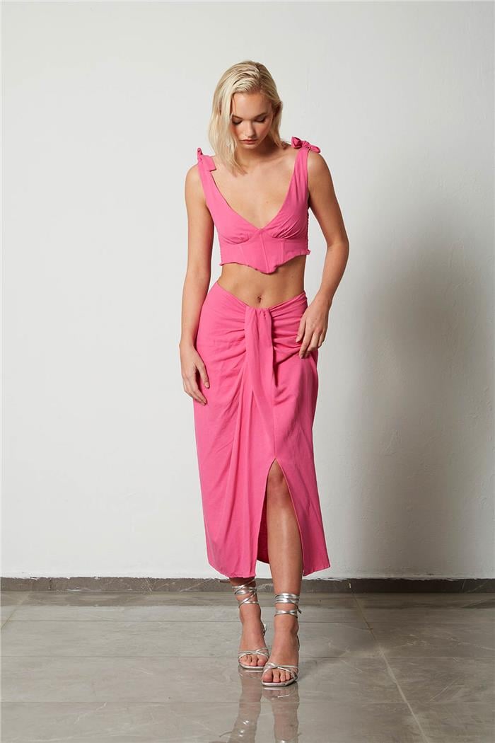 Nisan Kadın Drape Detaylı Keten Etek PEMBE N23-1633