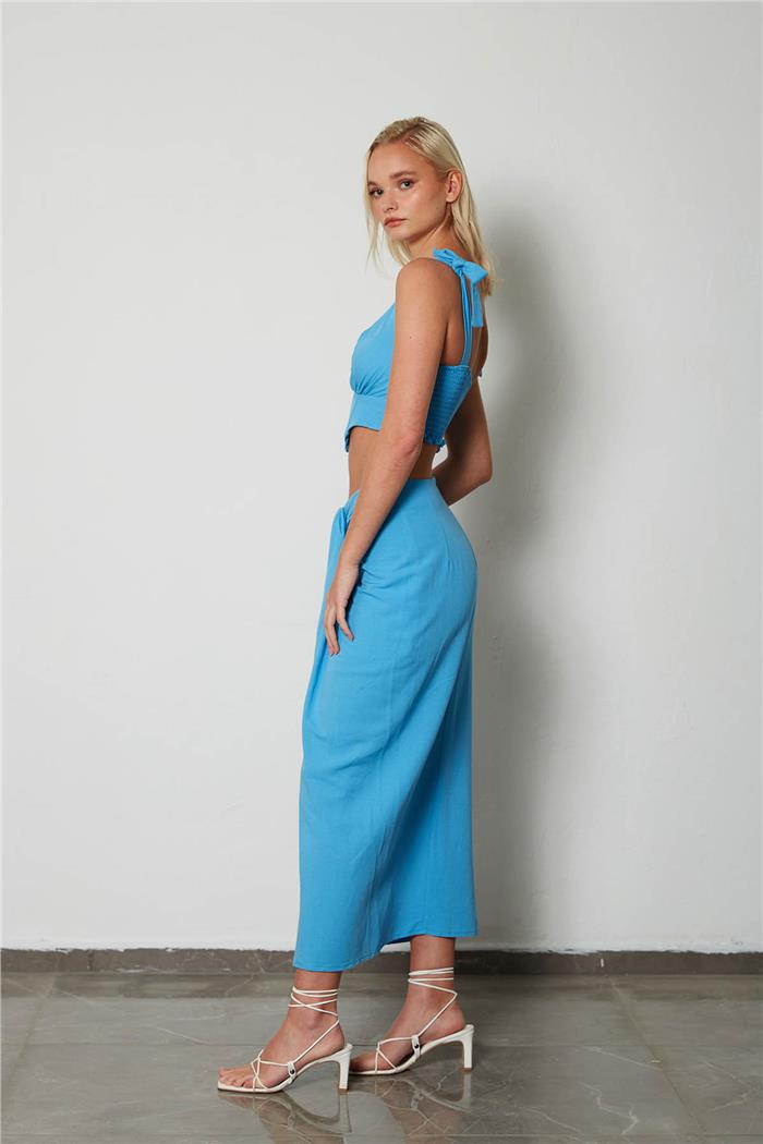 Nisan Kadın Drape Detaylı Keten Etek TURKUAZ N23-1633
